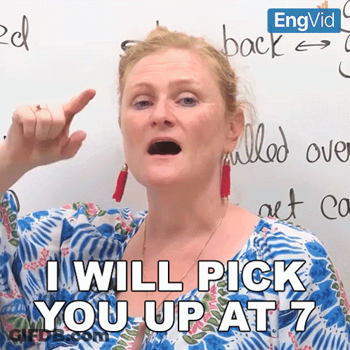 A Woman Says " I Will Pick You Up At 7 " In Front Of A Whiteboard GIF