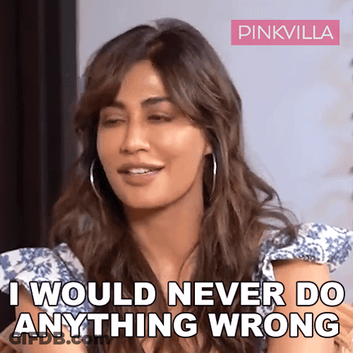 A Woman Says " I Would Never Do Anything Wrong " While Wearing Hoop Earrings GIF