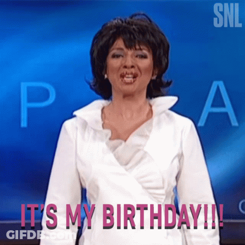 A Woman Says It 'S My Birthday While Standing In Front Of A Blue Background GIF