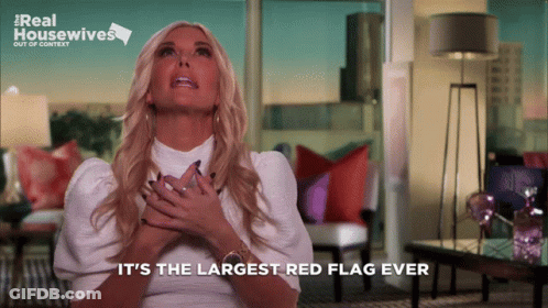 A Woman Says " It 'S The Largest Red Flag Ever " In A Living Room GIF