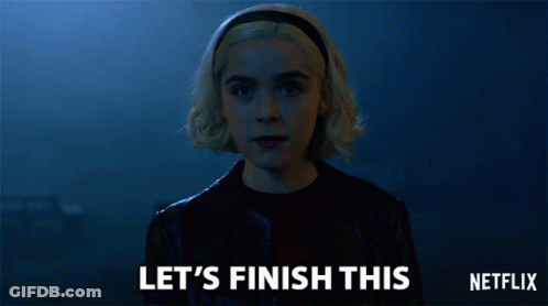 A Woman Says Let 'S Finish This With A Netflix Logo Behind Her GIF