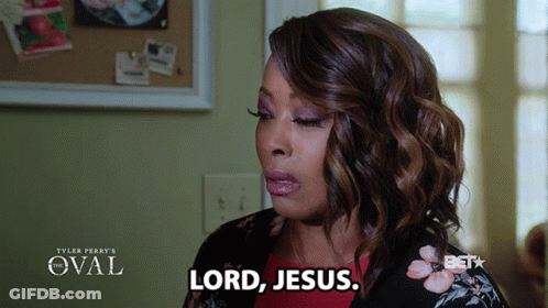 A Woman Says " Lord Jesus " In Front Of A Sign That Says Tyler Perry 'S The Oval GIF