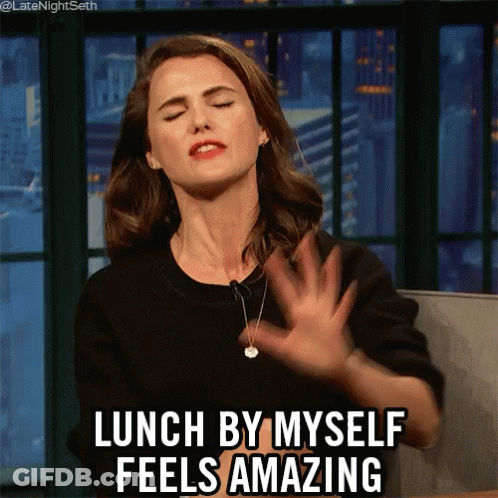 A Woman Says Lunch By Myself Feels Amazing With Her Hands Up GIF