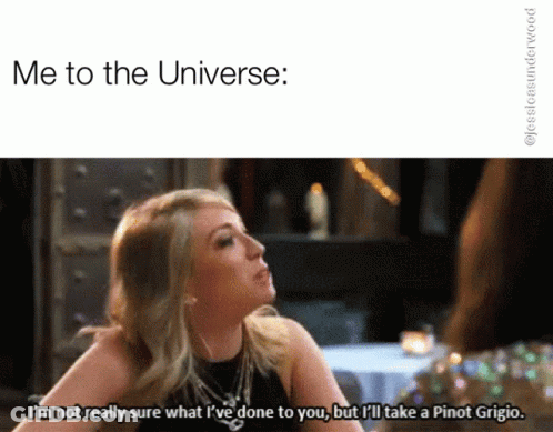 A Woman Says " Me To The Universe " While Holding Her Hair GIF