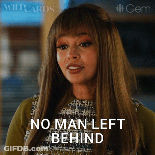 A Woman Says " No Man Left Behind " While Looking At The Camera GIF