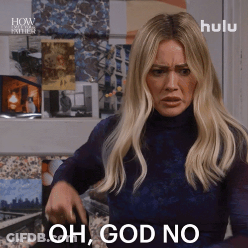 A Woman Says Oh God No In Front Of A Hulu Poster GIF
