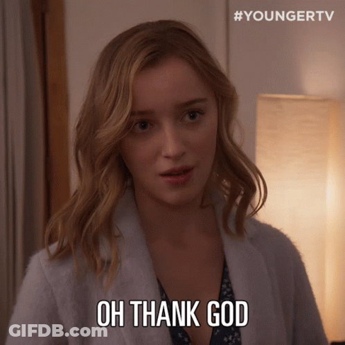 A Woman Says " Oh Thank God " While Wearing A Robe GIF