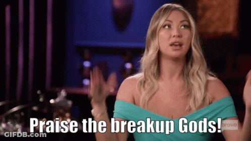A Woman Says " Praise The Breakup Gods " In Front Of A Bravo Logo GIF