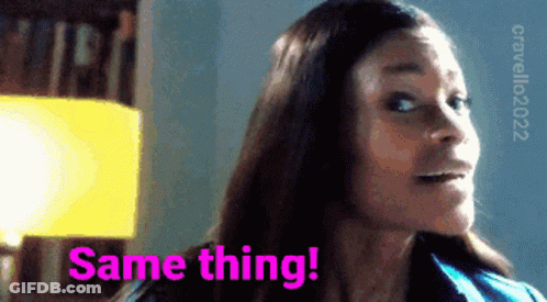 A Woman Says " Same Thing " Next To A Yellow Lamp GIF