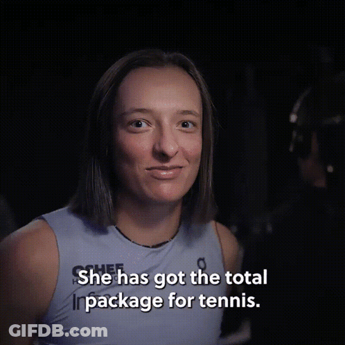 A Woman Says She Has Got The Total Package For Tennis While Smiling GIF