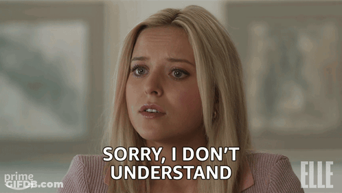A Woman Says " Sorry I Don 'T Understand " In Front Of An Amazon Prime Logo GIF