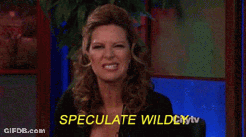 A Woman Says Speculate Wildly With Her Hands Up In The Air GIF