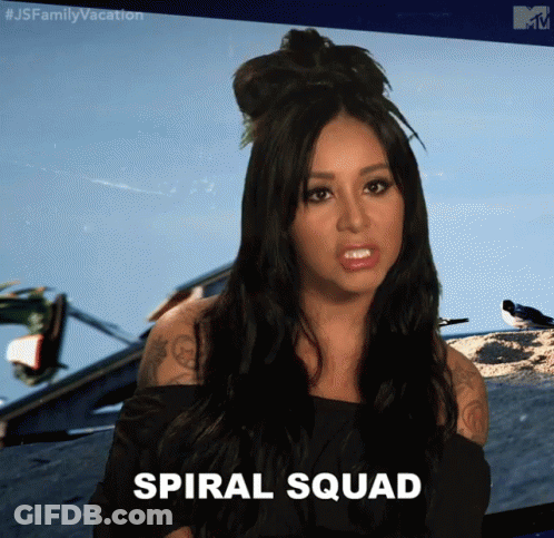 A Woman Says Spiral Squad In Front Of A Beach Background GIF