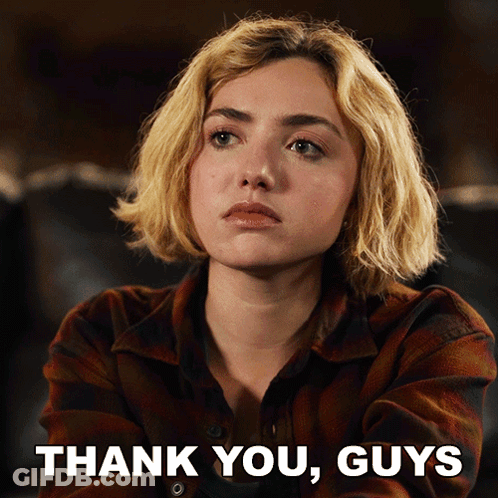 A Woman Says Thank You Guys In Front Of Her Face GIF