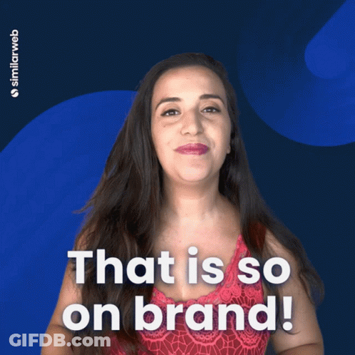 A Woman Says That Is So On Brand In Front Of A Blue Background GIF