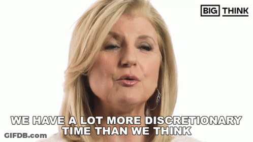 A Woman Says " We Have A Lot More Discretionary Time Than We Think " In Front Of A Big Think Logo GIF