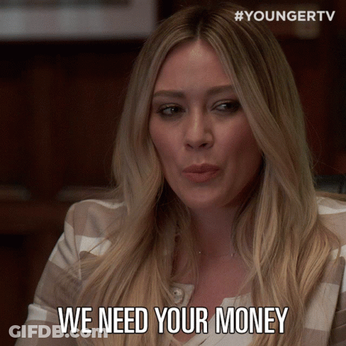 A Woman Says " We Need Your Money " In Front Of A Youngertv Logo GIF