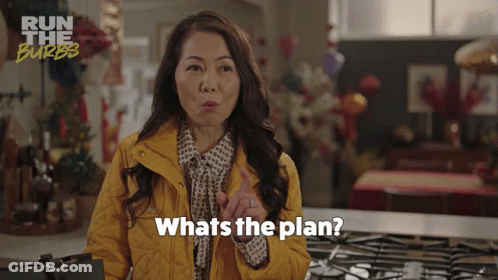 A Woman Says What 'S The Plan In Front Of A Sign That Says Run The Burbs GIF