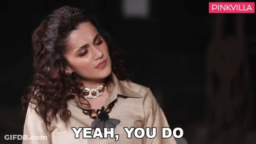 A Woman Says Yeah You Do In Front Of A Pinkvilla Banner GIF
