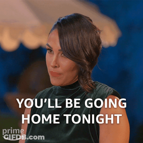A Woman Says " You 'Ll Be Going Home Tonight " In Front Of A Blue Background GIF