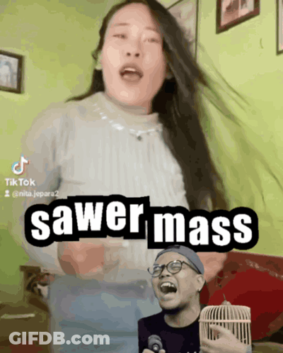A Woman Singing A Song With The Words Sawer Mass GIF