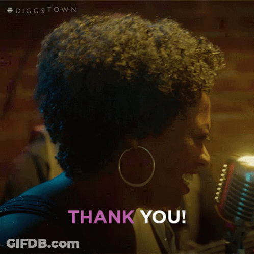 A Woman Singing In Front Of A Microphone With The Words Thank You Written Below Her GIF