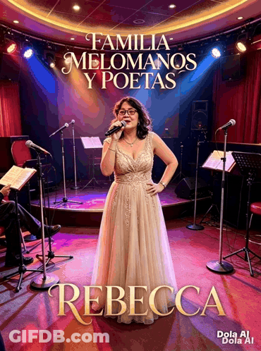 A Woman Singing Into A Microphone With The Name Rebecca On The Bottom Right GIF