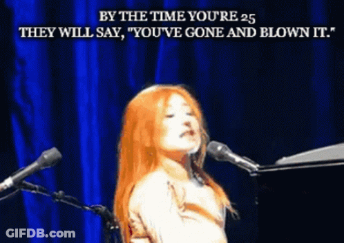 Woman Singing With By The Time You're 25 Text GIF