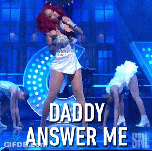 A Woman Singing Into A Microphone With The Words " Daddy Answer Me " Below Her GIF