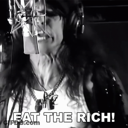 A Woman Singing Into A Microphone With The Words Eat The Rich Written Below Her GIF