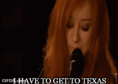 A Woman Singing Into A Microphone With The Words I Have To Get To Texas GIF