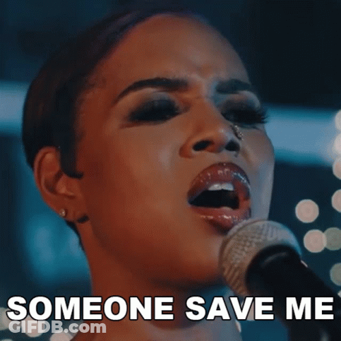 A Woman Singing Into A Microphone With The Words " Someone Save Me " Above Her GIF