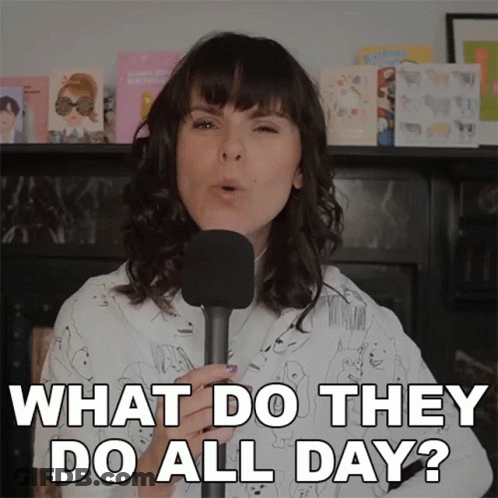A Woman Singing Into A Microphone With The Words What Do They Do All Day Below Her GIF