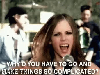 A Woman Singing Into A Microphone With The Words " Why 'D You Have To Go And Make Things So Complicated ? " GIF