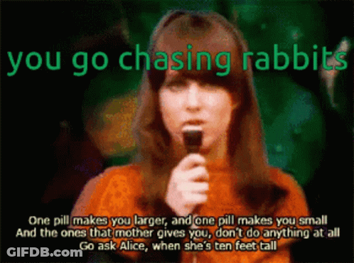 A Woman Singing Into A Microphone With The Words " You Go Chasing Rabbits " At The Top GIF