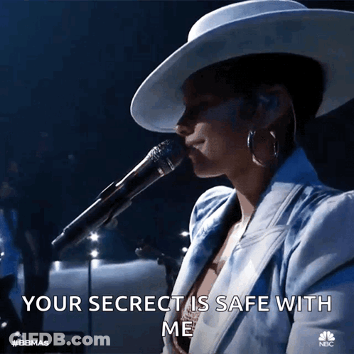 A Woman Singing Into A Microphone With The Words Your Secret Is Safe With Me Below Her GIF