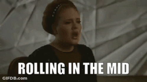 A Woman Singing With The Words " Rolling In The Mid " Written Below Her GIF