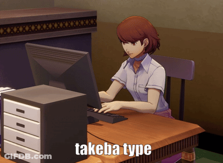 A Woman Sits At A Desk Using A Computer With The Words Takeba Type Written Below Her GIF
