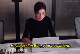 A Woman Sits At A Desk With A Laptop And Says " Hi Jules I 'M Ben Your New Intern " GIF