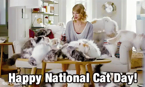 A Woman Sits At A Table Surrounded By Cats With The Caption " Happy National Cat Day " GIF