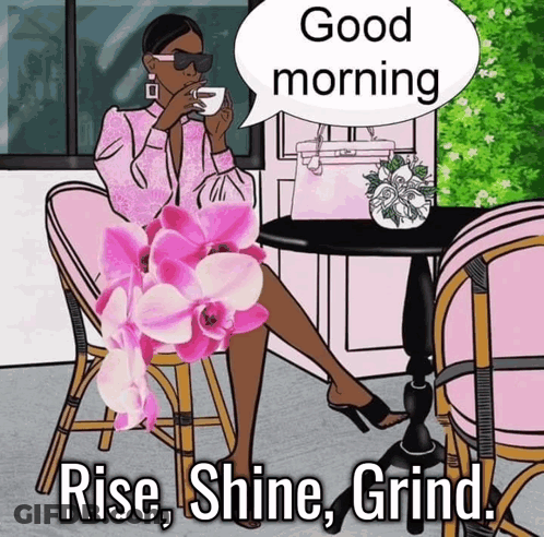 A Woman Sits At A Table With Flowers And A Speech Bubble That Says Good Morning GIF