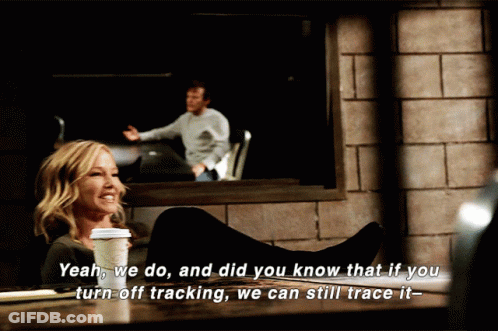A Woman Sits At A Table With Her Legs Crossed And Says Yeah We Do And Did You Know That If You Turn Off Tracking GIF