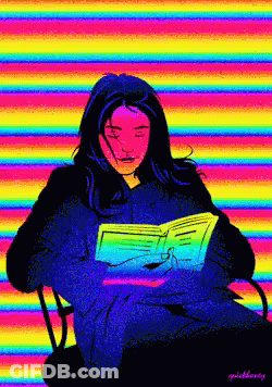 A Woman Sits In A Chair Reading A Book With A Colorful Background GIF
