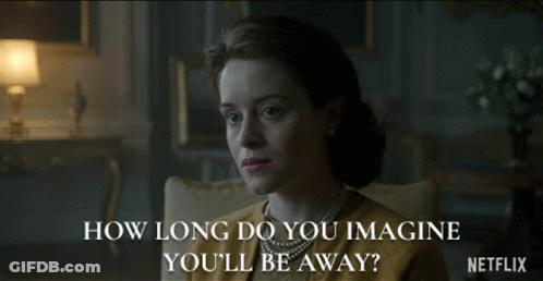 A Woman Sits In A Chair With The Words " How Long Do You Imagine You 'Ll Be Away " GIF