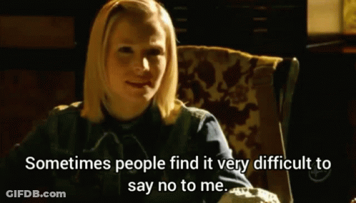 A Woman Sits In A Chair With The Words Sometimes People Find It Very Difficult To Say No To Me Below Her GIF