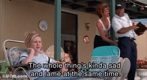 A Woman Sits In A Chair With The Words " The Whole Thing 'S Kinda Sad And Lame At The Same Time " GIF