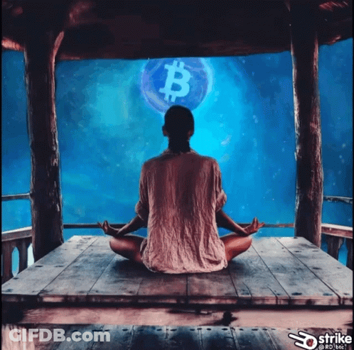 A Woman Sits In A Lotus Position In Front Of A Bitcoin Symbol GIF