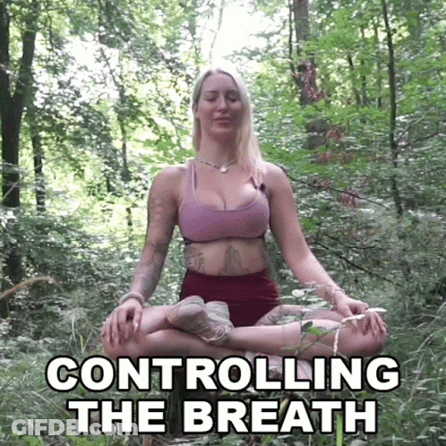 A Woman Sits In A Lotus Position In The Woods With The Words Controlling The Breath Written Above Her GIF