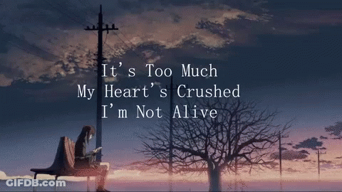 A Woman Sits On A Bench With The Words " It 'S Too Much My Heart 'S Crushed " GIF