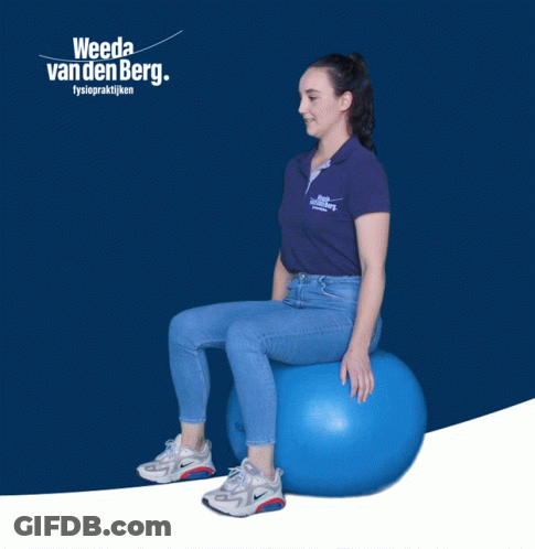 A Woman Sits On A Blue Exercise Ball In Front Of A Weeda Van Den Berg Sign GIF